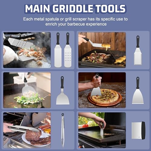 HaSteeL 28Pcs Griddle Accessories Kit, Stainless Steel Flat Top Grill Accessory Tools Set, Metal Spatulas, Scraper Choppers, Melting Domes, Cast Iron Burger Press, for Teppanyaki Tabletop Hibachi BBQ