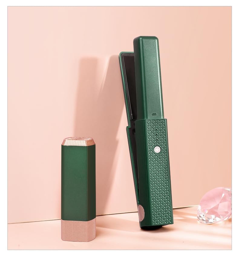 Cordless Hair Straightener, 2 in 1 Portable Mini Ceramic Flat Iron and Curler, USB-C Rechargeable Travel Straightener, Lock in Moisture & Shine, 3 Levels Adjustable (Green)