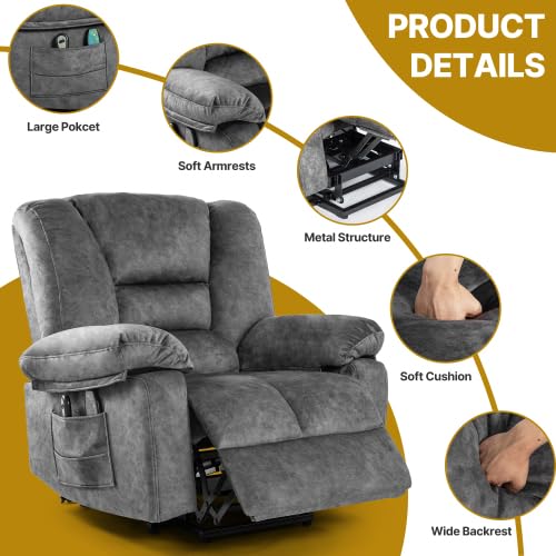 anwickjeff Electric Power Lift Recliner Chair Recliner Sofa for Elderly, Heat and Massage,2 Cup Holders, Recliners Chairs for Living Room, Infinite Position and Double 2 Side Pocket (Grey)