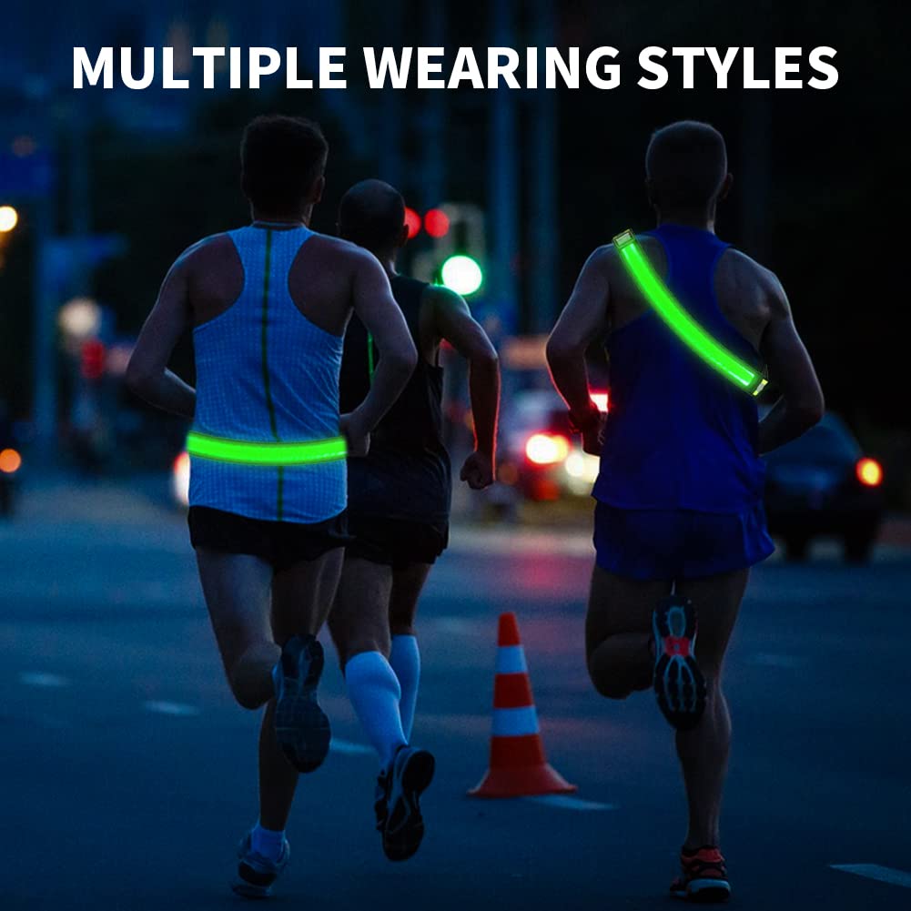 OLIKER LED Reflective Running Gear,High Visibility Reflective Belt Sash with Safety Light,USB Rechargeable Adjustable Size Night Reflective Accessories for Night Outdoor Sports Running Walking (Green)