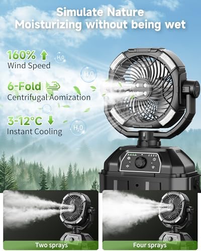 Misting fan with 7L bucket 90°Oscillating ,4 Spray Mister 25000mAh Rechargeable Camping fan with Remote Control Stepless Speed and Timer for Patios/Camping,Waterproof Design Outdoor Fans (Black)