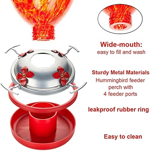 REZIPO Hummingbird Feeder with Perch - Hand Blown Glass - Red - 38 Fluid Ounces Hummingbird Nectar Capacity Include Hanging Wires and Moat Hook