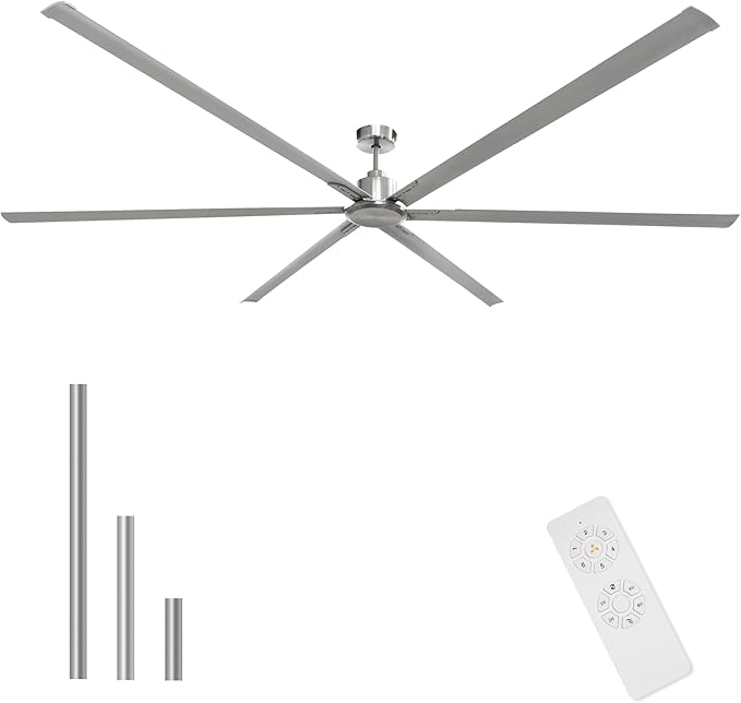 GESUM 100 Inch Ceiling Fans with Remote Control, Industrial Ceiling Fan with 6 Aluminum Blades, 3 Downrods, Reversible, 6-Speeds, Large Ceiling Fan for Porch/Garage/Shop (Brushed Nickel)