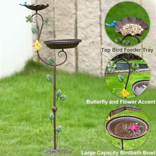 Metal Bird Baths for Outdoors, 44" Height Cast Iron Pedestal Bird Bath and Feeder, Vintage Sturdy Heavy Duty Birdbath Bowl, Tall Floral Accents Birdbaths for Garden Yard Patio Porch Decor