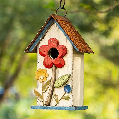 Glitzhome 10.2" H Hanging Bird House for Outdoor Patio Garden Decorative Birdhouse Pet Cottage Wooden Distressed Birdhouse, Flower Rustic White