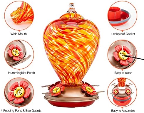 Muse Garden Hummingbird Feeders for Outdoors Hanging, Blown Glass Hummingbird Feeder, Hummingbird Gifts for Mom, Garden Backyard Decor for Outside, Unique Gifts Idea for Women, 34OZ, Daylight