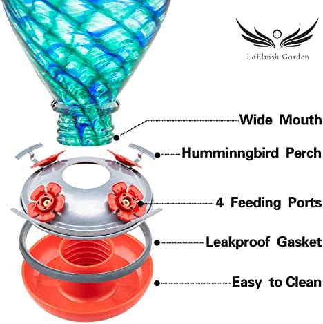 Hummingbird Feeders, 34OZ Hand Blown Glass Hummingbird Feeder for Outdoors Hanging with Ant MoatHooks, Perfect for Gardening Yard Patio Decor Gifts (Blue Mermaid)