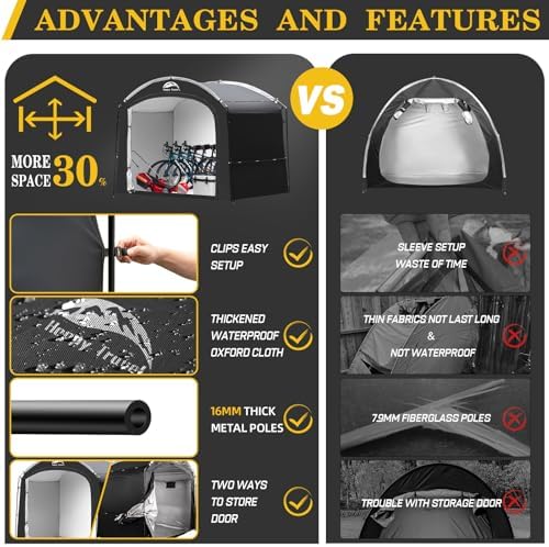Happy Travel Bike Storage Shed Tent, Waterproof Portable Bicycle Cover with 30% More Top Storage Space for 2/3/4/5 Bikes,Clips Easy Setup Outdoor Sheds Shelter for Motorcycle, Garden Tools, Lawn Mower