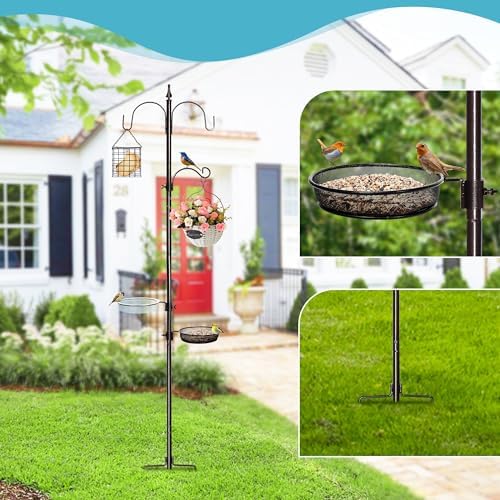 Bird Feeder Stand Pole,77 Inch Feeding Station Kit for Outside, Wild Bird Feeder Hanging Kit with Metal Suet, Bird Bath and Mesh Tray, 3-Prong Base