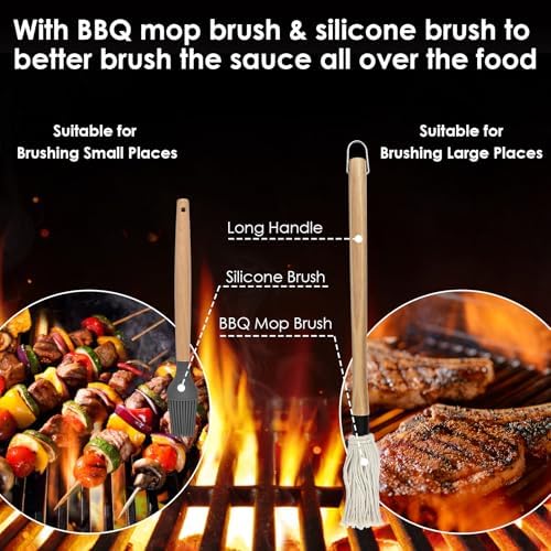 BBQ Mop Brush and Cast Iron Sauce Pot Set, 8Pcs Barbecue Accessories Include Basting Melting Pot, 2 Size Wooden Handle Sauce Mops with 4Pcs Replacements and Oil Brush for Meat Smoker, Grill, Stove