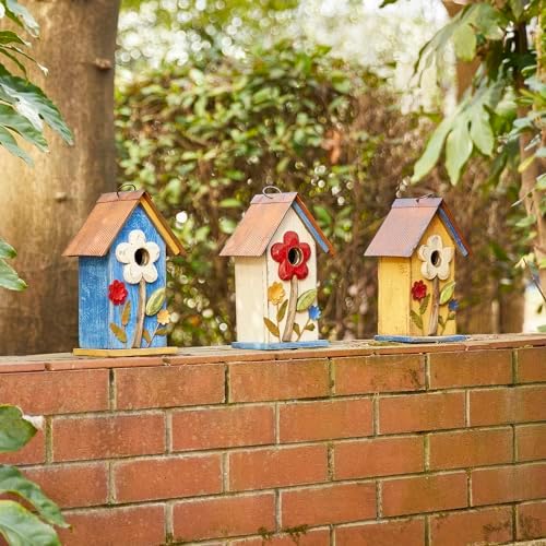Glitzhome 10.2" H Hanging Bird House for Outdoor Patio Garden Decorative Birdhouse Pet Cottage Distressed Wooden Birdhouse, Yellow Flower