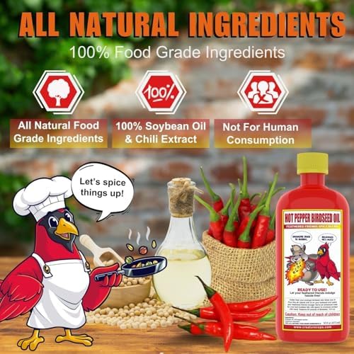 CreatureCops⢠Spicy Squirrel Seed Sauce | All-Natural & Squirrel-Resistant Hot Pepper Bird Seed Oil | Flaming Hot Sauce - Seasons >60lb per 16oz Bottle