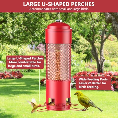 Bird Feeders for Outdoors Squirrel Proof with Weight-Activated Perches, Hanging Bird Feeder for Outside, Metal Feeder for Wild Birds, Finch, Blue Jay, Chickadee, 3LB Seed Capacity, Red
