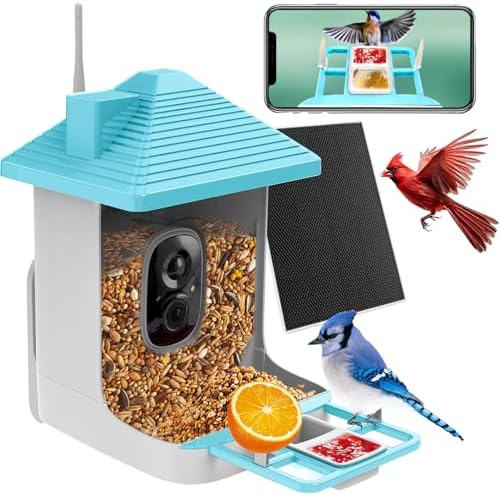 Smart Bird Feeder with Camera,AI Identify Species,Bird House with Solar Powered,Instant Arrival Alerts,2K Capture Video,Live View for Lover (Blue)