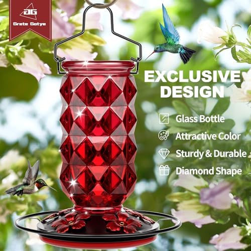 2 Pack Glass Hummingbird Feeders for Outdoors, 25 Ounces Wild Bird Nectar Feeder with Perch & 5 Flower Feeding Ports Leak Proof Hanging for Garden Backyard Decor, Gifts for Women Mom, Red