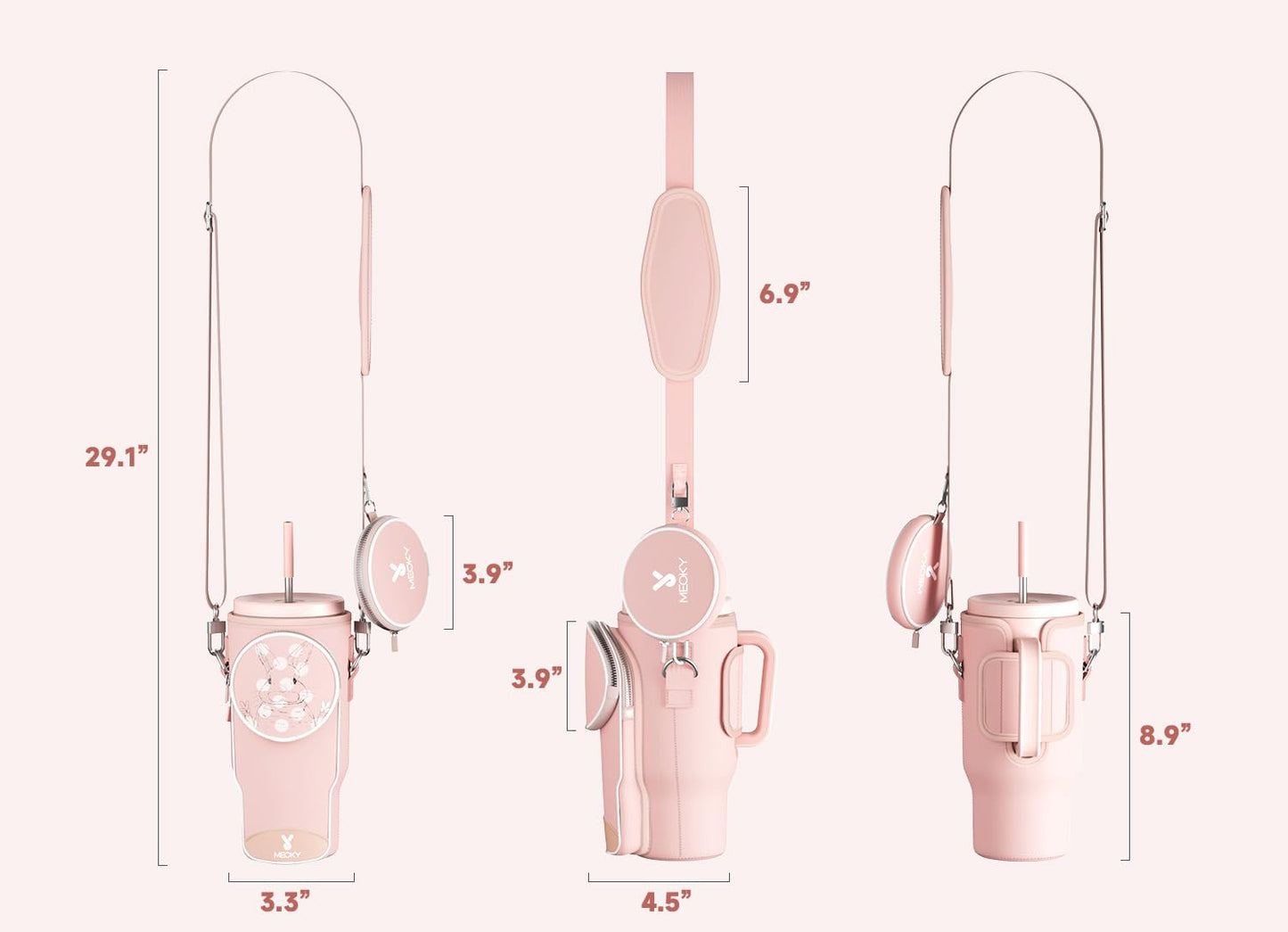 Meoky Water Bottle Carrier Bag with Phone Pocket for 40 oz Tumbler with Handle, Neoprene Water Bottle Holder Pouch with Adjustable Strap, 2 Carabiner Clips (Pink Bunny)