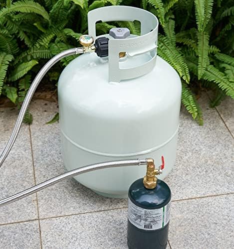 3 Feet Propane Refill Adapter Hose with Gauge and ON/Off Control Valve, Stainless Steel Extension Propane Refill Hose, Fill 1 Pound Bottles from 20lb Tank