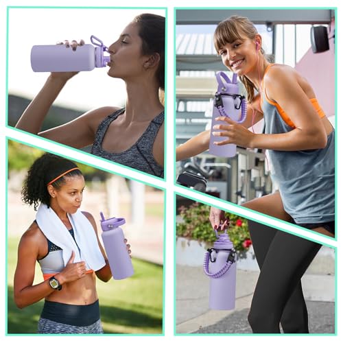 DIGJUPER Insulated Water Bottle 32 oz - with Straw & Pop-up Spout Lid, Paracord Handle, Carrier Shoulder Strap, Protective Boot, Wide Mouth Double Walled Vacuum Insulated Gym Water Bottle for Women