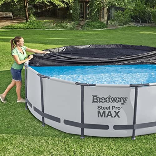 Bestway Flowclear PVC Round 12 Foot Pool Cover for Above Ground Frame Pools with Drain Holes and Secure Tie-Down Ropes, Black (Cover Only)