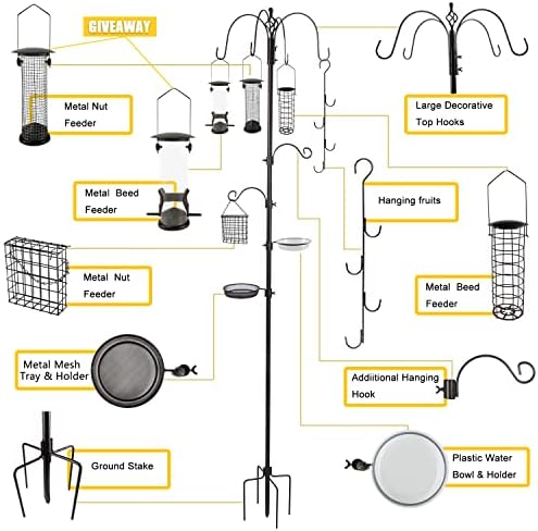 Bird Feeder Station with Suet Cage & Water Bowl Fruit Hook- Adjustable Pole, 6 Hanging Hooks for Wild Birds, Outdoor Garden Bird Feeding Kit