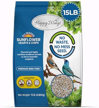 Sunflower Hearts & Chips Bird Food 15 lbs No Mess, No Waste Seed No Grow Formula Ideal for Wild Birds, Finches, Sparrows, and Year-Round Feeding.