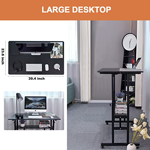 AIZ Mobile Standing Desk, Adjustable Computer Desk with Rolling Wheels, Home Office Double-Layer Computer Workstation with USB Ports and Outlets, Portable Laptop Table for Standing or Sitting, Black