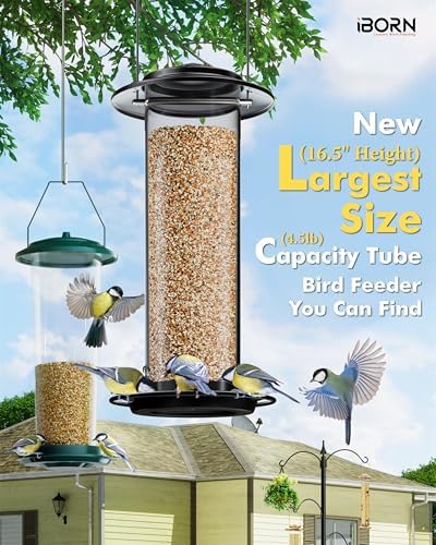 iBorn Metal Bird Feeder for Outside Hanging,Wild Bird Feeders for Cardinal,18cm Large Roof&Green,42CM Long,4.5lb High-Capacity(Seed is not Included)