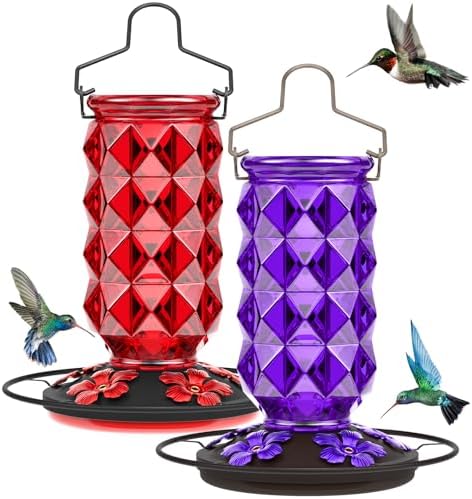 2 Pack Glass Hummingbird Feeders for Outdoors, 25 Ounces Wild Bird Nectar Feeder with Perch & 5 Flower Feeding Ports Leak Proof Hanging for Garden Backyard Decor, Gifts for Women Mom, Red & Purple