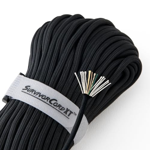 1,000 LB SurvivorCord XT Paracord | Made and Patented in The USA | Heavy Duty Paracord 750 Type IV Military Grade with Kevlar Line, 25 lb Fishing Line, Waterproof Firestarter. 100 FT Hank, Black