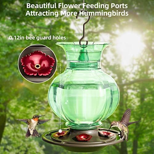 Auslar Hummingbird Feeder, Green Glass Hummingbird Feeder for Outdoors Hanging with Ant Moat, 5 Simulation Flowers Feeding Ports, 23 Ounces, Rustproof, Fade Proof, Pomegranate Shape, 2 Pack