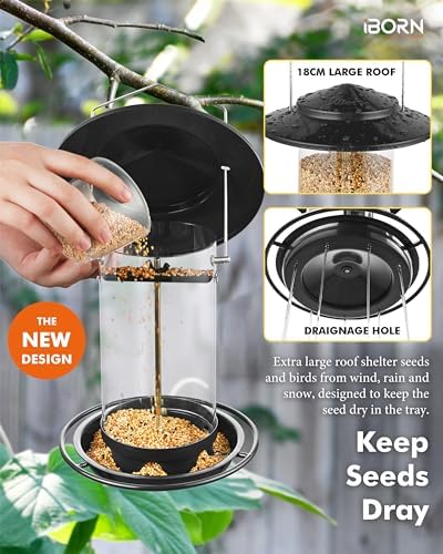 iBorn Metal Bird Feeders for Outdoors Hanging,Wild Bird Feeders for Cardinal,18cm Large Roof&Tray Black 6 Port (Seed is not Included)