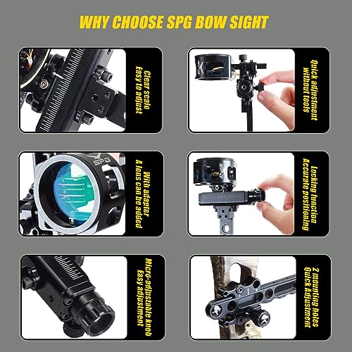 SPG Compound Bow Sights, Bow Sights for Compound Bows 1 Pin or 5 Pin, Quick Adjustment Archery Sights Single Pin Bow Sight and 5 Pin Bow Sight (5-Pins Sight)