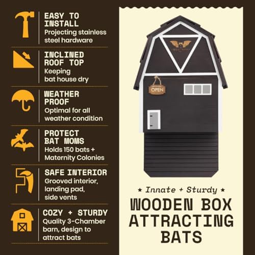 Big Bat Box - Big Bat Barn 3 Chamber, Compact Bat House for Outside - Artificial Roost Kit for Wall-Mount - Bat Houses for Backyards
