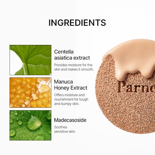 Parnell Cicamanu Serum Cushion - Moisturizing Foundation for Soothing, Coverage, Glass Skin and Lightweight for Sensitive and Dry Skin Pearl Skin (0.52 Fl Oz) (40N)