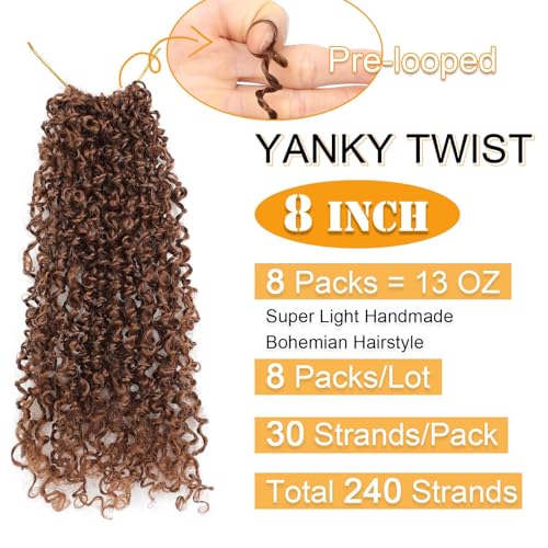 Aksice 8 Inch 8 Packs Yanky Twist Crochet Hair for Women Pre-looped Mini Twist Hair Bohemian Passion Twist Crochet Hair Boho Crochet Braids Synthetic (30#)