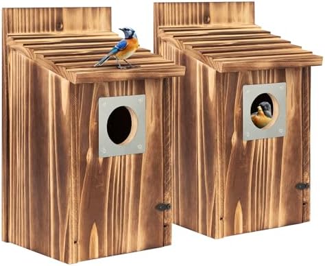 2 Pack Bird Houses for Outside with Metal Predator Guard for Bluebird Wren Swallow Finch, Carbonized Wooden Nesting Boxes for Outdoor, Sturdy Bird House,Easy to Clean