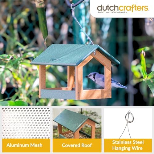 Amish USA Made Recycled Plastic Large Hanging Modern Fly Through Covered Roof Open Platform Tray Bird Feeder for Outdoors, Garden, Yard (Turf Green & Bright Cedar)