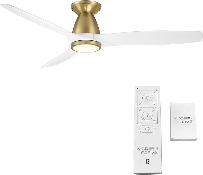 Skylark Indoor and Outdoor 3-Blade 54in Smart Flush Mount Ceiling Fan in Soft Brass Matte White Adjustable CCT 2700K-3000K-4000K-5000K LED Light Kit Remote Control works with Alexa, iOS or Android App