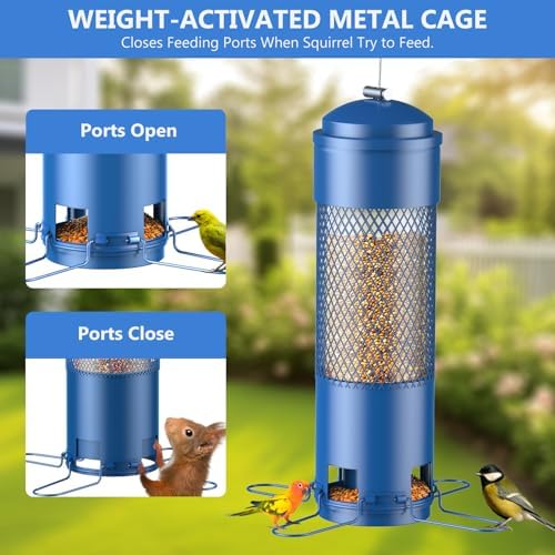 Bird Feeders for Outdoors Squirrel Proof with Weight-Activated Perches, Hanging Bird Feeder for Outside, Metal Feeder for Wild Cardinal, Finch, Blue Jay, Chickadee, 3LB Seed Capacity, Blue