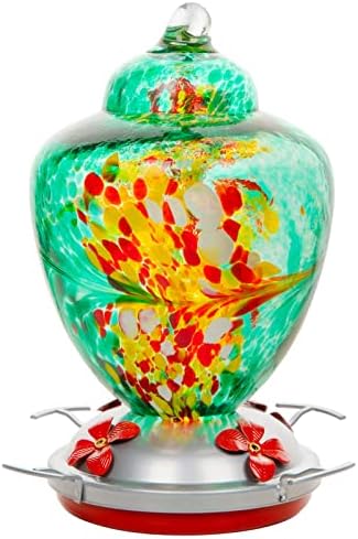 REZIPO Hummingbird Feeder with Perch - Hand Blown Glass - 38 Fluid Ounces Hummingbird Nectar Capacity Include Hanging Wires and Moat Hook (Green)