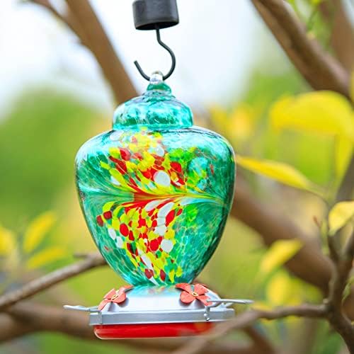 REZIPO Hummingbird Feeder with Perch - Hand Blown Glass - 38 Fluid Ounces Hummingbird Nectar Capacity Include Hanging Wires and Moat Hook (Green)