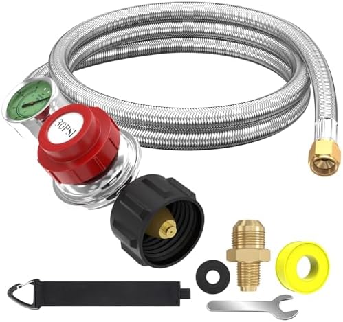 5FT 0-30 PSI Adjustable High Pressure Propane Regulator with Gauge 0~60PSI Gas Flow Indicator QCC1 Stainless Propane Hose with 3/8 Flare x 1/8 MNPT Fits for LP Gas Cooker, Burner, Smoker, Turkey Fryer