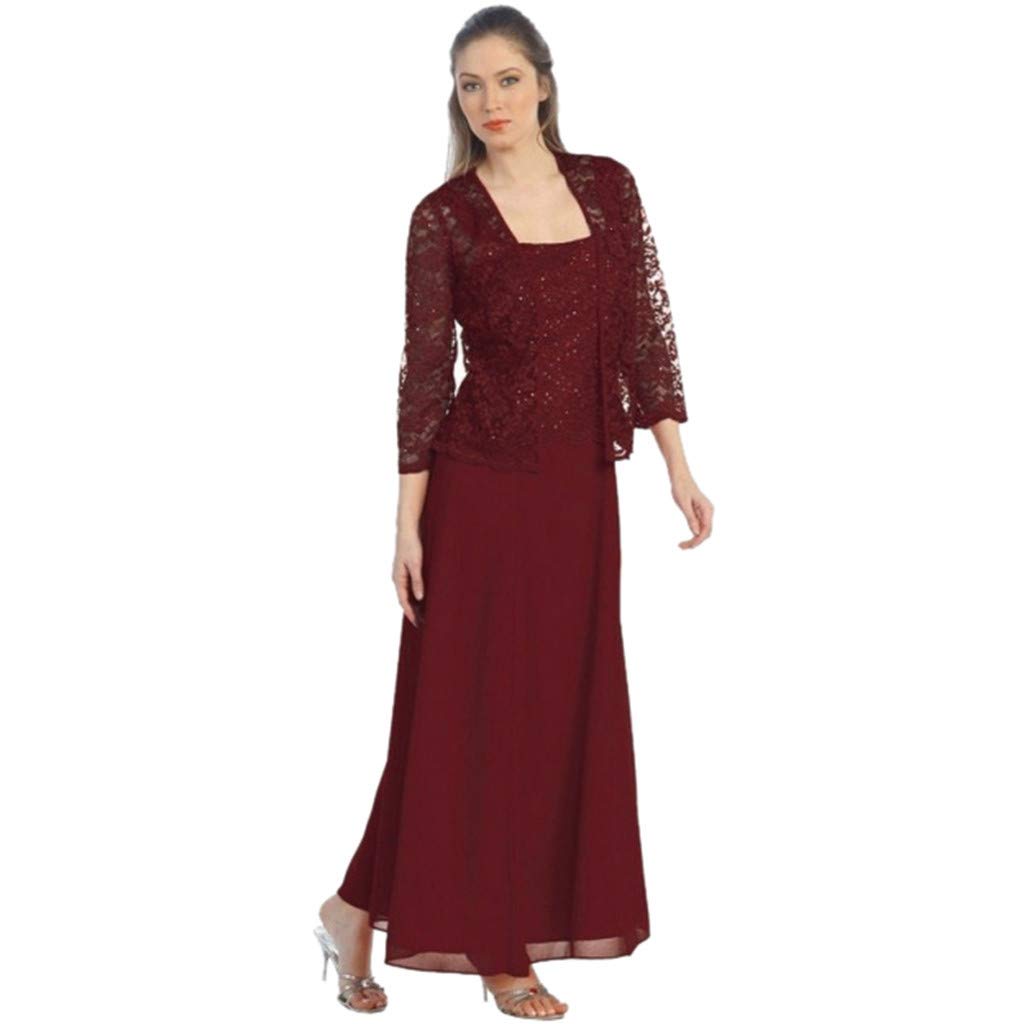 Aniywn Women Plus Size Two Piece Long Sleeve Party Dress Lace Solid Color Elegant Long Maxi Dress Mini Dress Wine
