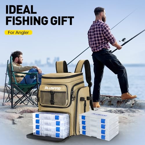 PLUSINNO Fishing Backpack with Rod Holders, 42L Water-resistant Fishing Tackle Bag With 4 Tackle Boxes,Fishing Gear For Camping, Hiking, Fishing Gifts for Men Khaki
