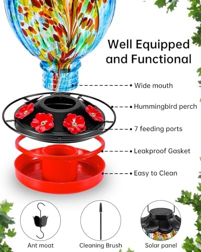 Solar Hummingbird Feeder - 49 fl.oz Hand Blown Glass Color Changing - 7 Feeding Ports with Perch - Never Leak - Perfect Hummingbird Feeder for Outdoors Hanging (Blue)