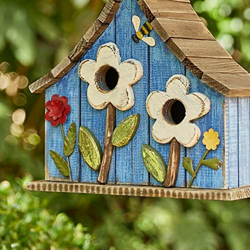 Glitzhome Hanging Birdhouses for Outdoors, 10.75" L Distressed Solid Wood Birdhouse with 3D Flowers Rustic Hand-Painted Bird Houses for Outside