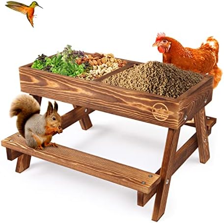 Chicken Table No Waste, Chicken Picnic Feeder Handmade Carbonized Wooden, Large DIY Chicken Feeder Kit, Wild Bird, Duck & Squirrel Feeders, Mesh Bottom Keep Food Fresh and Dry Easy to Clean and Fill