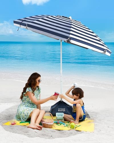OutdoorMaster Beach Umbrellas for Sand with Sandbag & Anchor, 6.5ft Adjustable Umbrella for Beach Heavy Duty Wind, Portable UPF50+ Sunshade with Carry Bag for Patio, Navy Striped