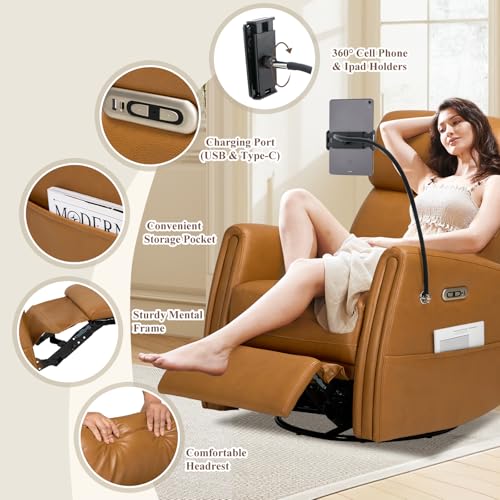 COLAMY Electric Power Swivel Recliner Chair, PU Leather Rocking Chair, 270° Swivel 145° Recliner Chair with Built-in Charging Ports for Living Room, Home, CognacBrown