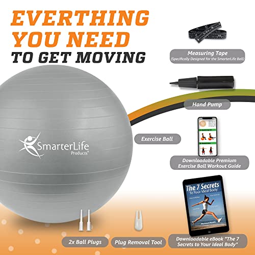 SmarterLife Workout Exercise Ball for Fitness, Yoga, Balance, Stability, or Birthing, Great as Yoga Ball Chair for Office or Exercise Gym Equipment for Home, Non-Slip Design (45 cm, Silver)